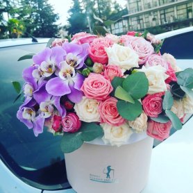 Фаленопсис с пионовидной розой в коробке от интернет-магазина «Floral24» в Сочи